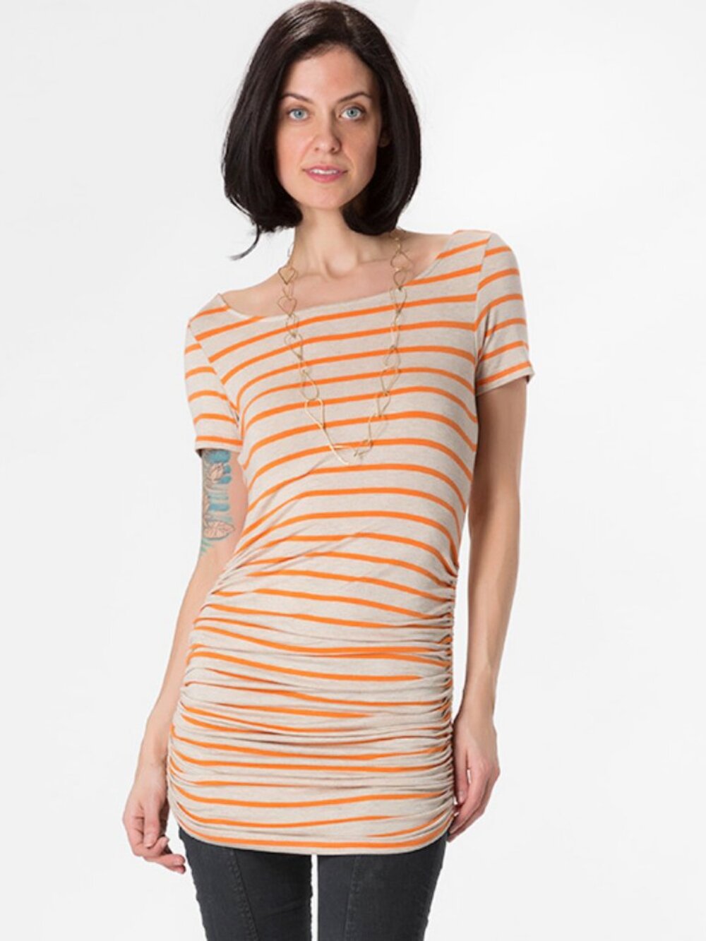 NWT Amour Vert Women's Connie Shirred Tunic Oatmeal/Orange Stripe Size M